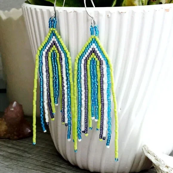 BOGO EARRINGS Boho Chic Beaded Cascade Fringe Dangle Earrings, Seed Bead 3.75" - Picture 5 of 6